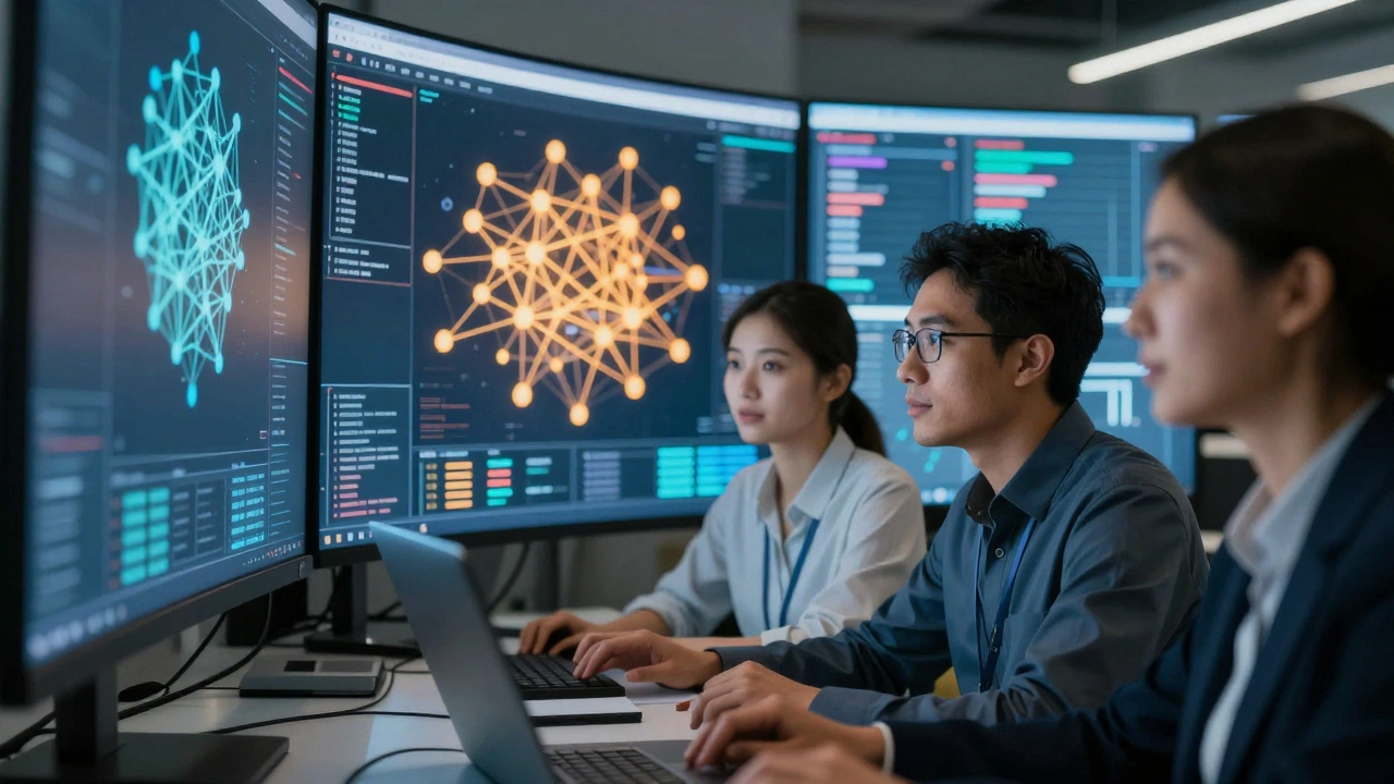 Analysts reviewing abstract holographic data clusters in office