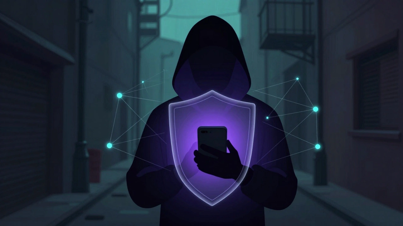 Anonymous figure protected by encryption shields in a dark city