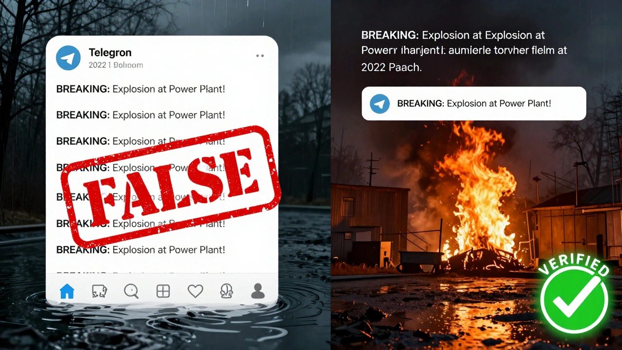 Bot spam on left, reverse search debunking on right with false/verified indicators.