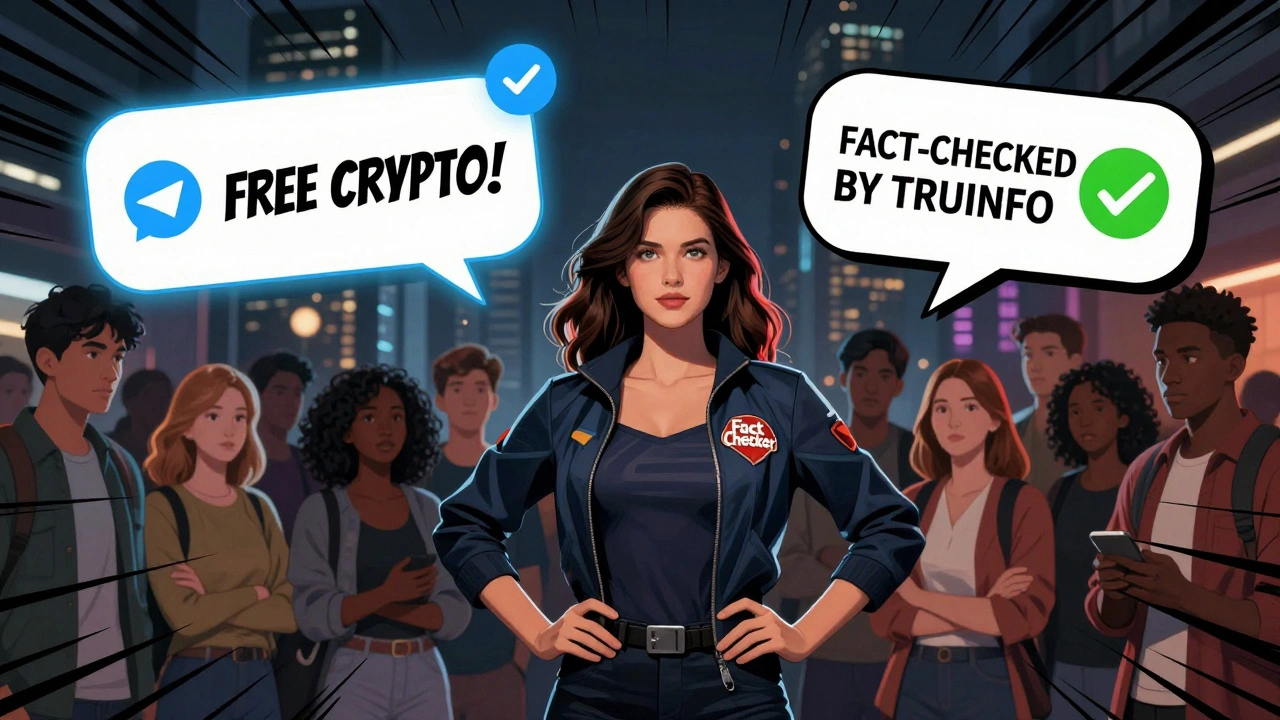 Comic book style heroine standing between two Telegram messages — one labeled 'UNVERIFIED' and the other 'FACT-CHECKED' — as users pause to read.