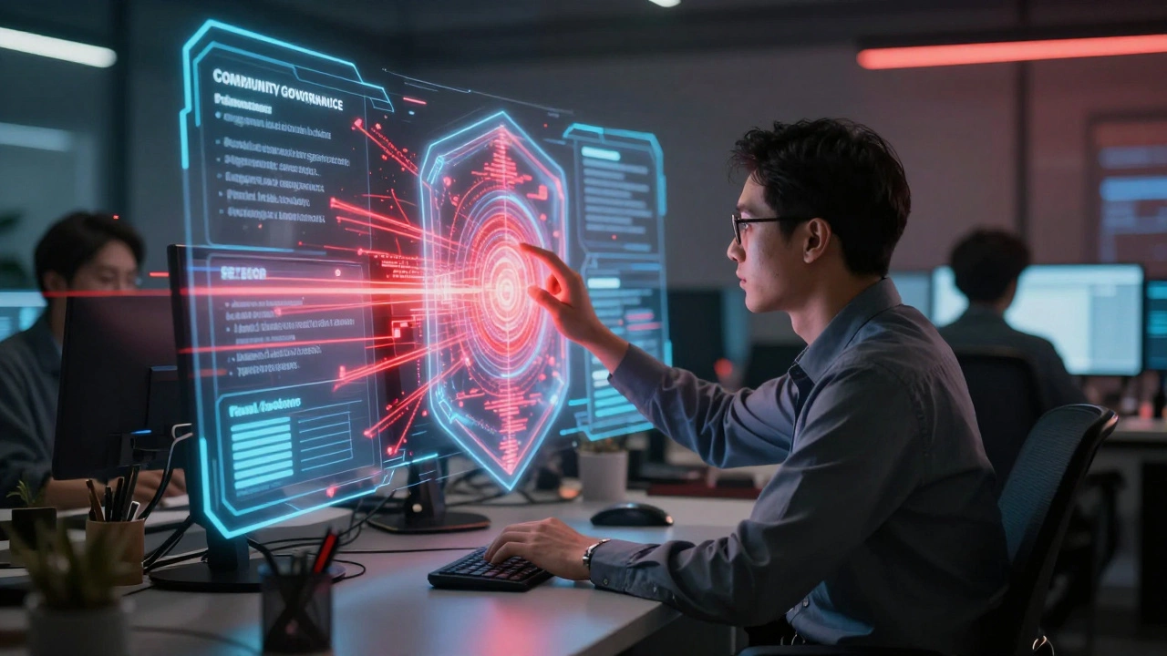 Community moderator standing guard over a digital information stream.