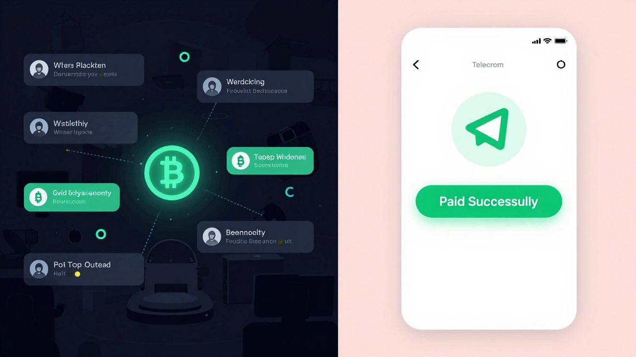 Contrasting images: a dark illegal marketplace on one side, a clean Telegram news bot interface on the other.