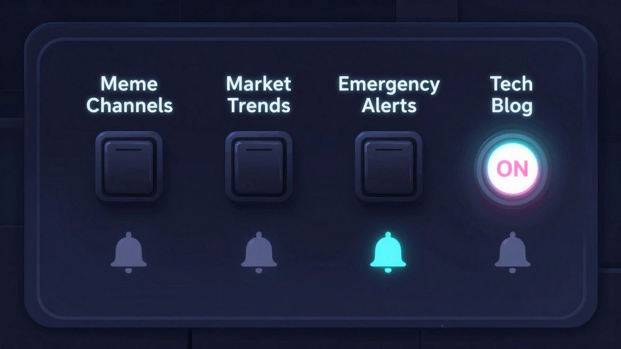 Control panel with toggles for Telegram channels, only emergency alerts active, others muted with bell symbols.