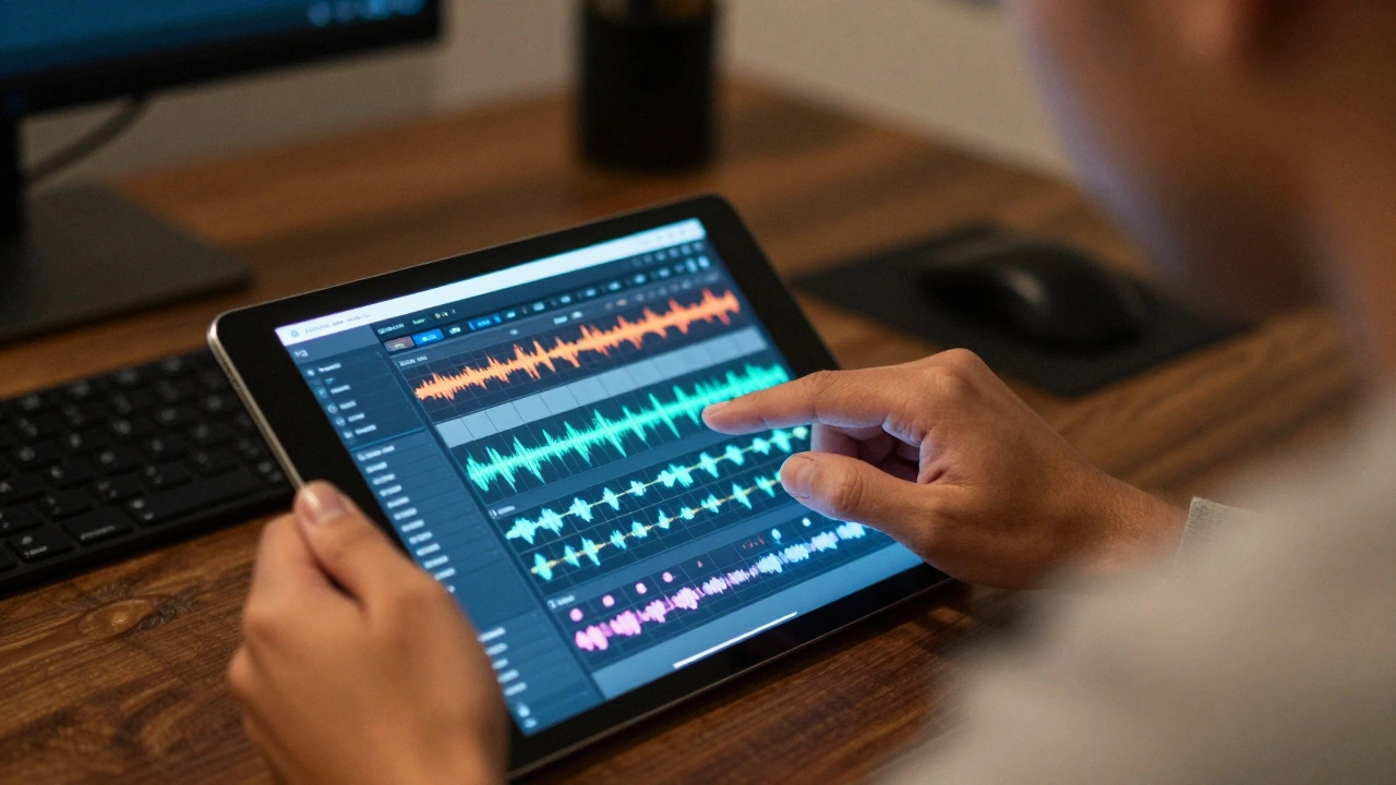Creator checking waveforms on tablet with warm lighting.