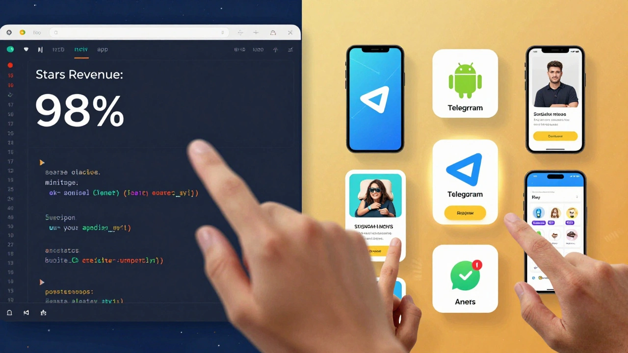 Developer monitoring high Stars revenue while users globally purchase digital content via Telegram bots.