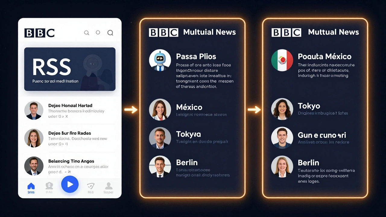Digital workflow illustrating RSS feed translation and delivery to multilingual users via automation.