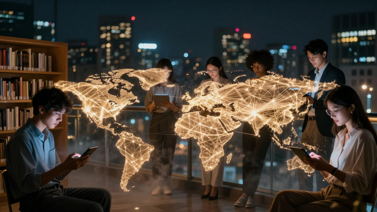 Diverse global group connected by glowing light lines