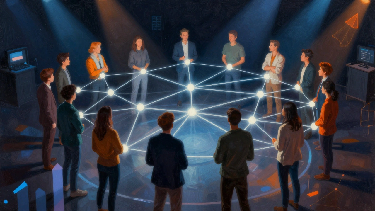 Diverse group connected by light lines representing community engagement and events.