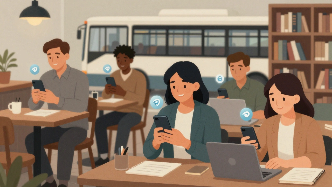 Diverse people receiving personalized news digests on their phones throughout the day.