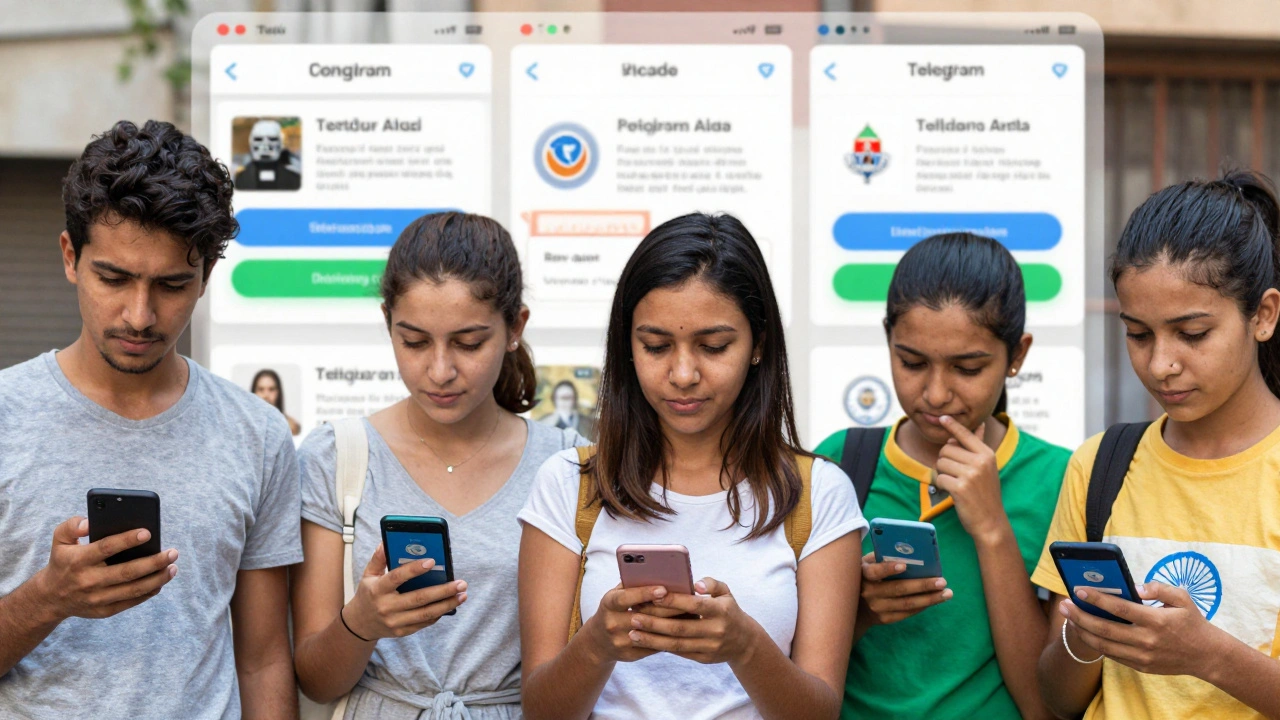 Diverse users from around the world engaging with a Telegram news channel in their native language on smartphones.