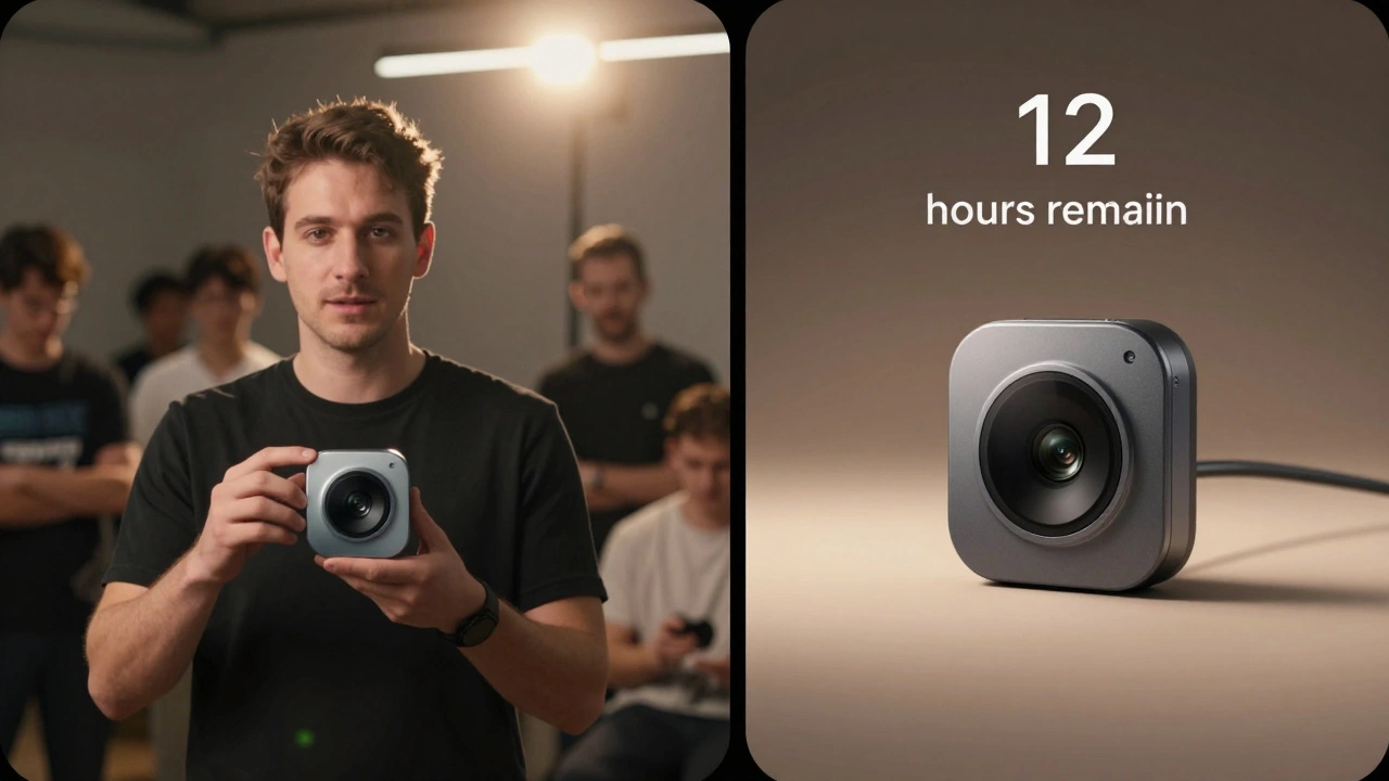 Dual-camera Telegram Story showing a prototype and team member side by side with countdown timer.