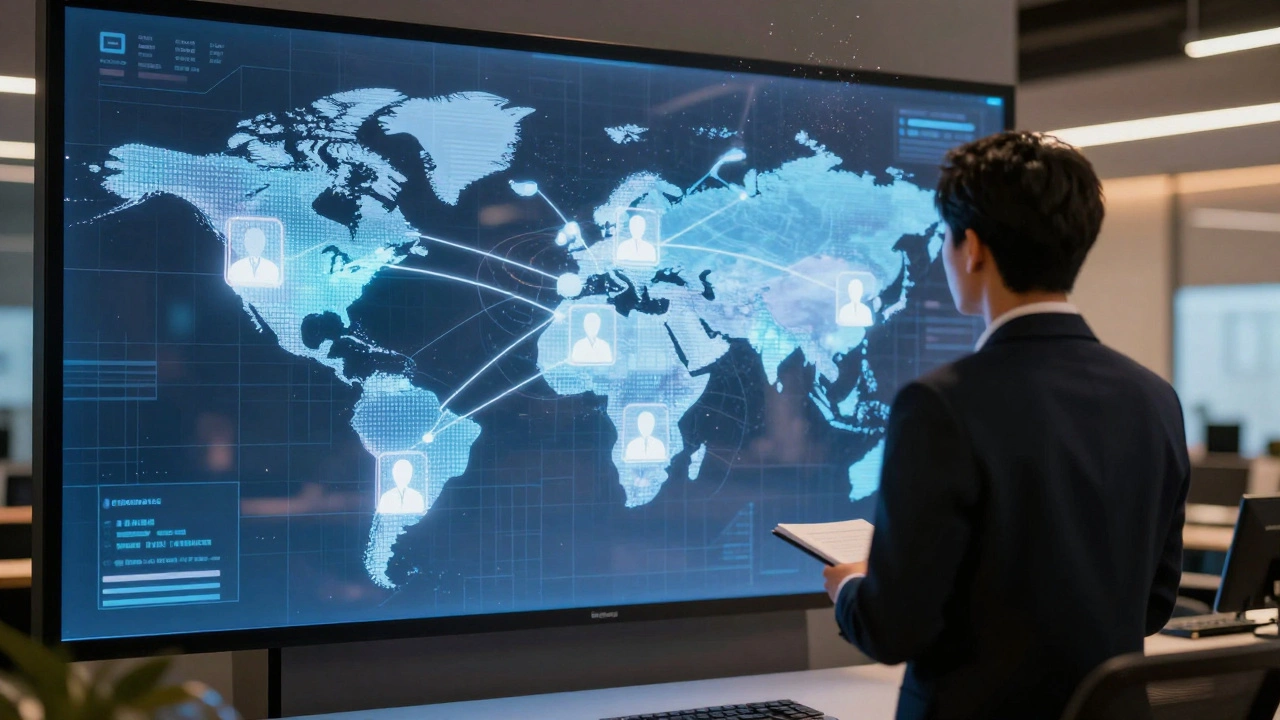 Editor analyzing global data connections on a transparent newsroom screen.