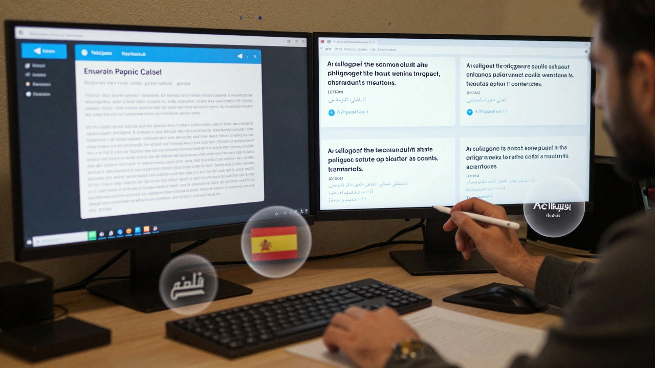 Editor using AI tools to translate and refine news headlines into multiple languages on multiple screens.