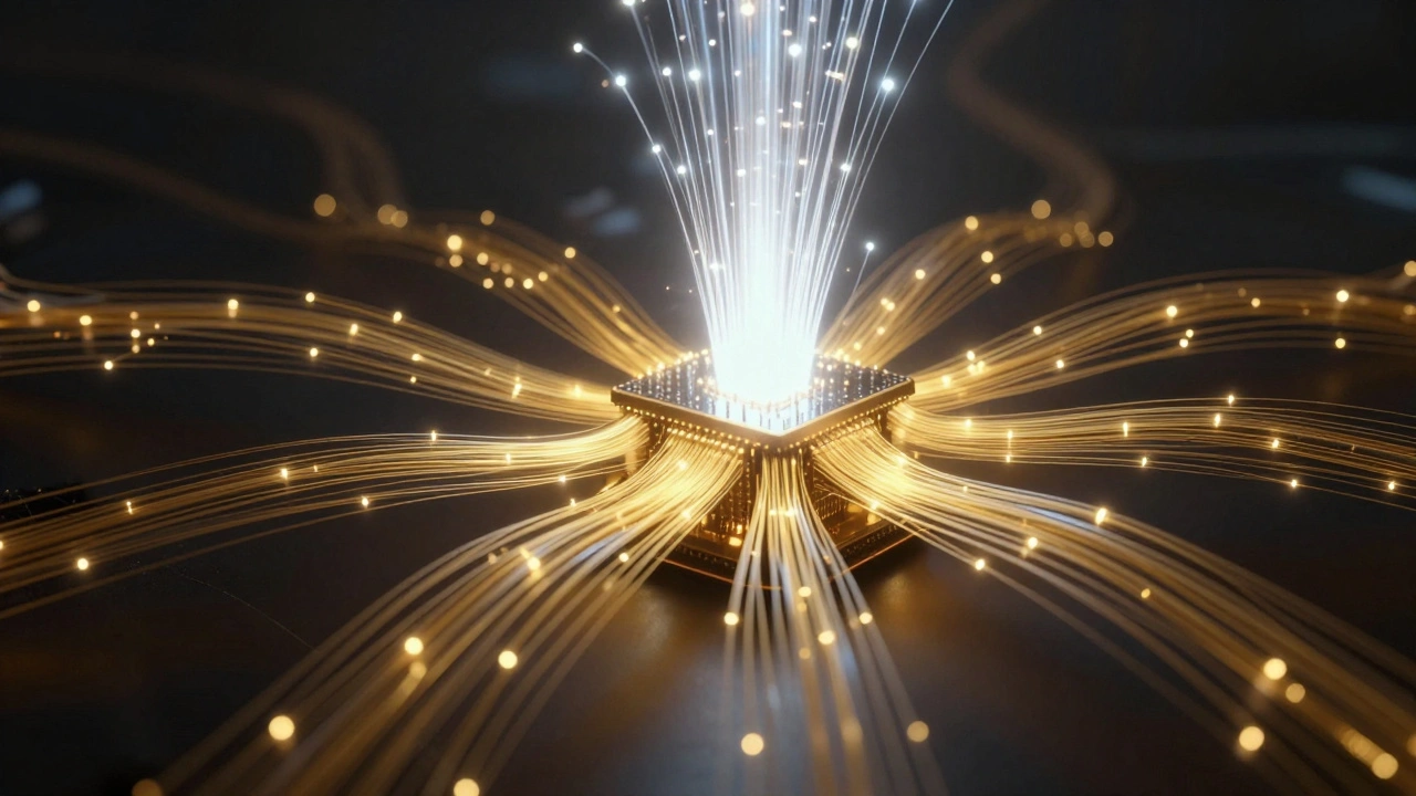 Fiber optic strands converging into a glowing central processor