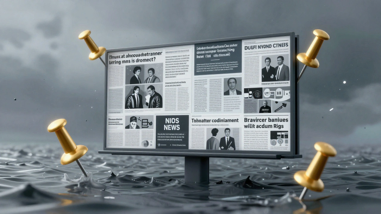 Five glowing pins anchoring key news updates above a chaotic flood of digital messages and memes.