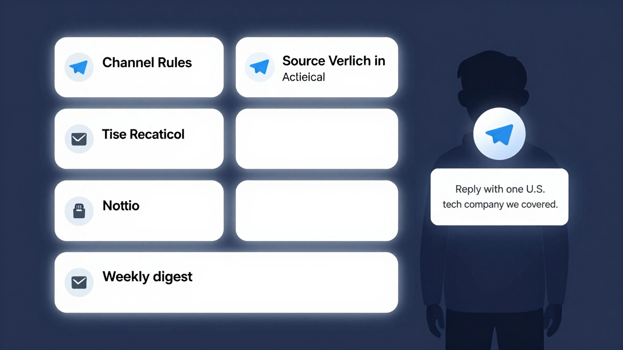 Five pinned Telegram messages glow as guiding icons, with a new subscriber observing quietly as a bot verifies their intent.