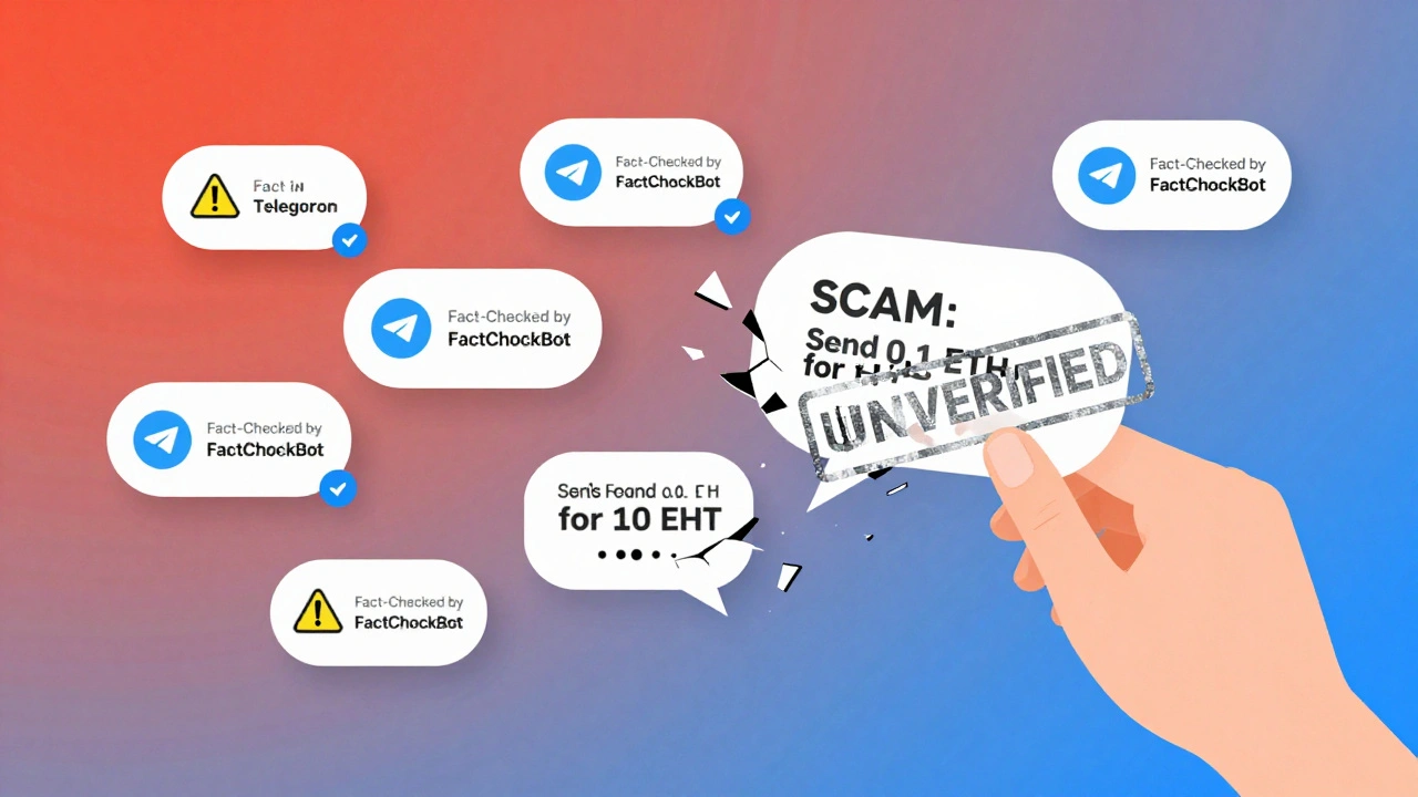 Floating Telegram message bubbles with verification and warning labels, one crumbling scam bubble, and a hand stamping 'UNVERIFIED' on another.