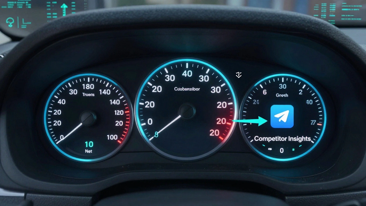 Futuristic dashboard showing Telegram growth metrics as car instruments with glowing data streams.