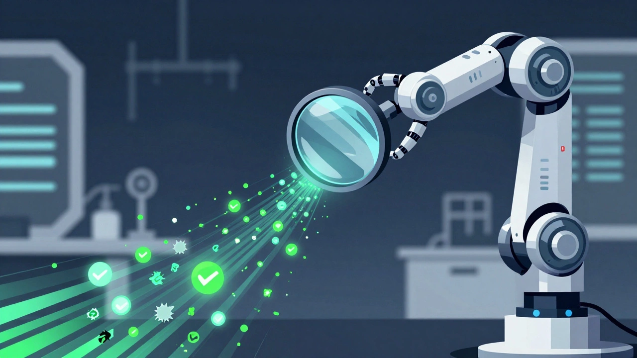 Futuristic robotic assistant filtering and verifying digital messages.