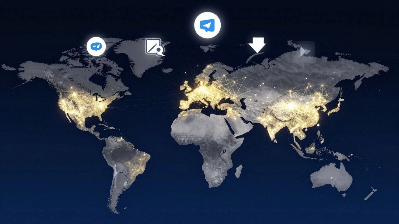 Global map highlighting India and Ukraine as major Telegram news hubs, with engagement icons floating above and data flows connecting regions.