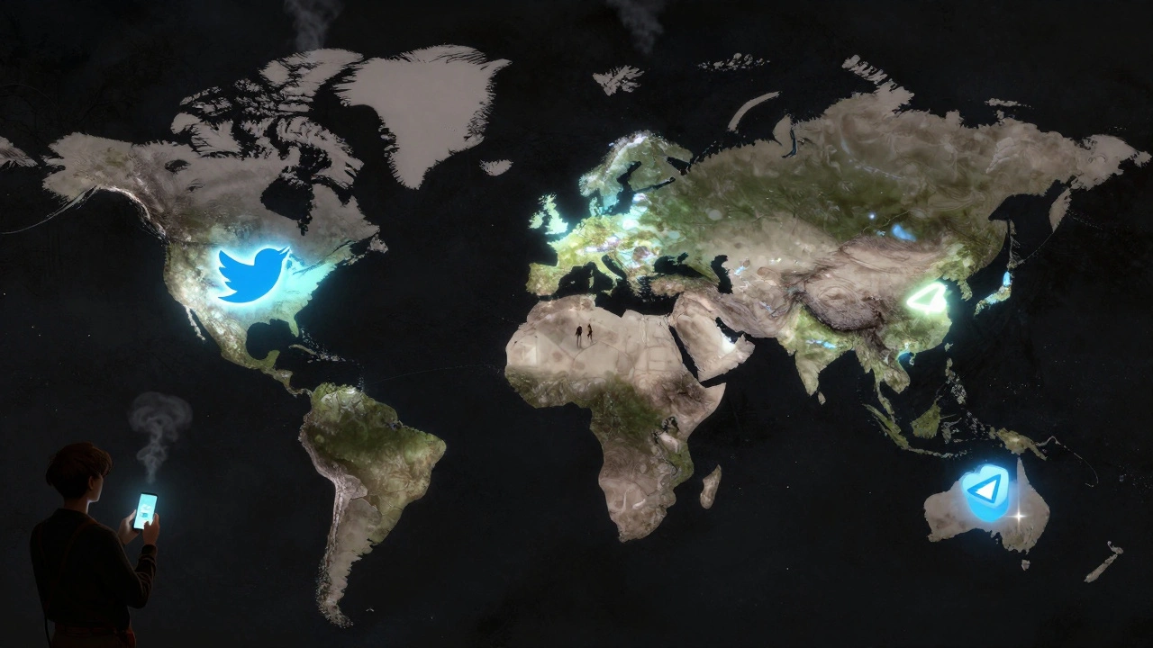 Global map highlighting Telegram and Twitter usage regions with glowing icons at night.