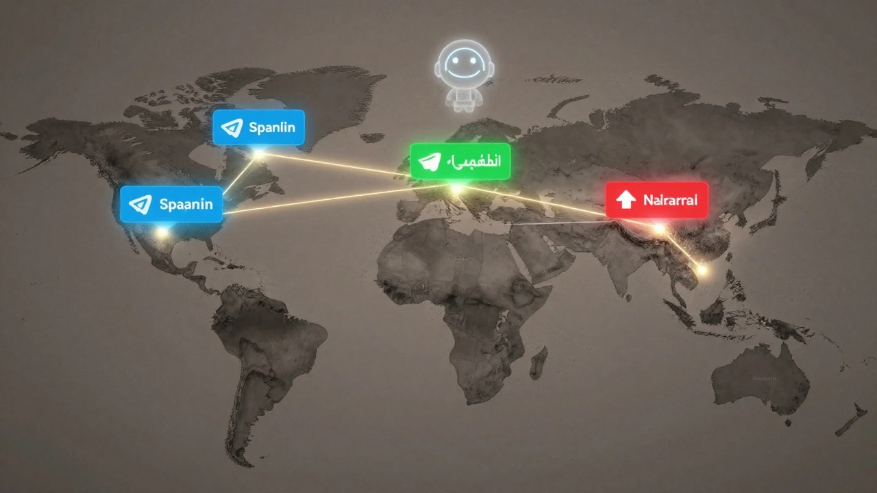 Global map with glowing links showing multilingual news delivery to cities around the world.