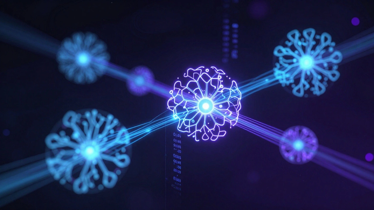 Glowing neural network representing AI data distribution.