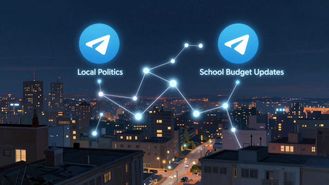 Glowing Telegram channel icons connected by light threads in a cityscape at night, symbolizing trust-based growth.