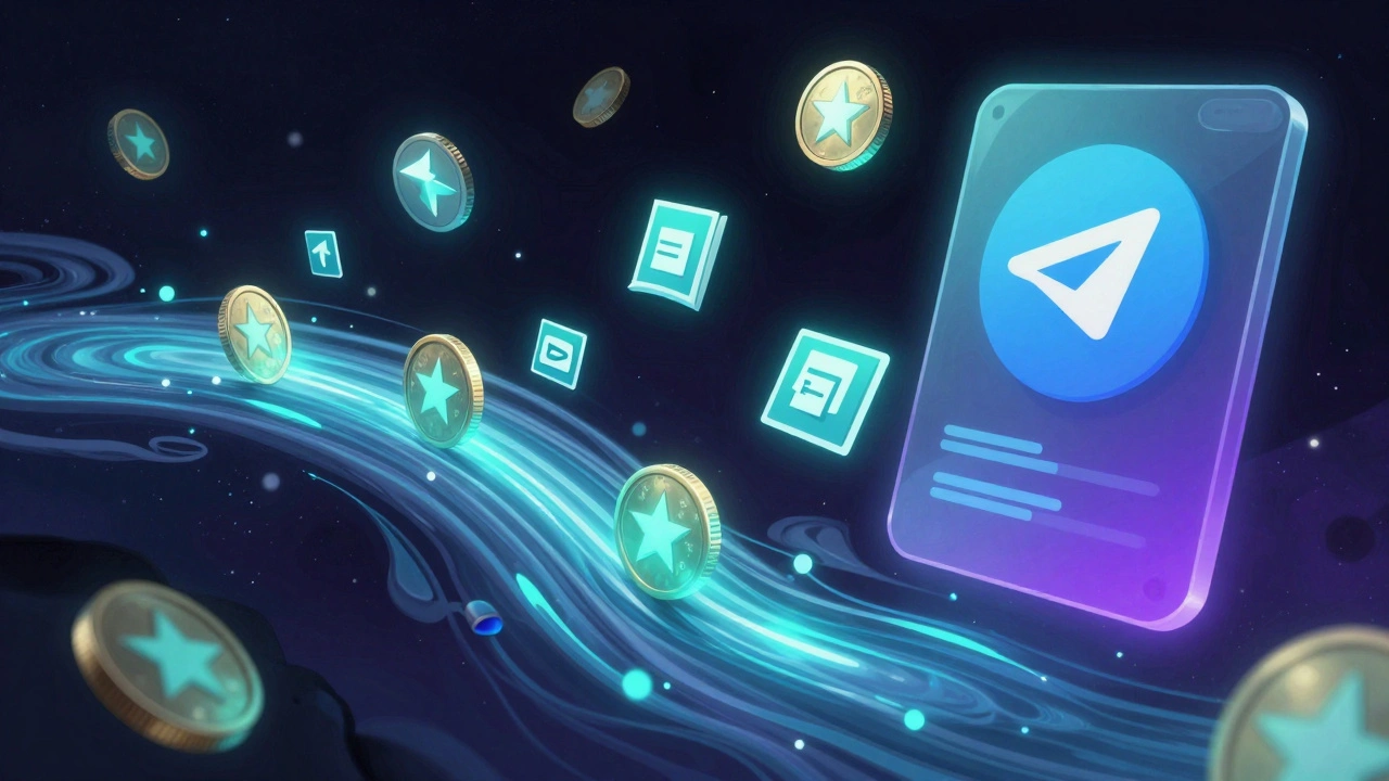 Glowing Telegram Stars transforming into digital goods as they flow from users to creators in a surreal ecosystem.