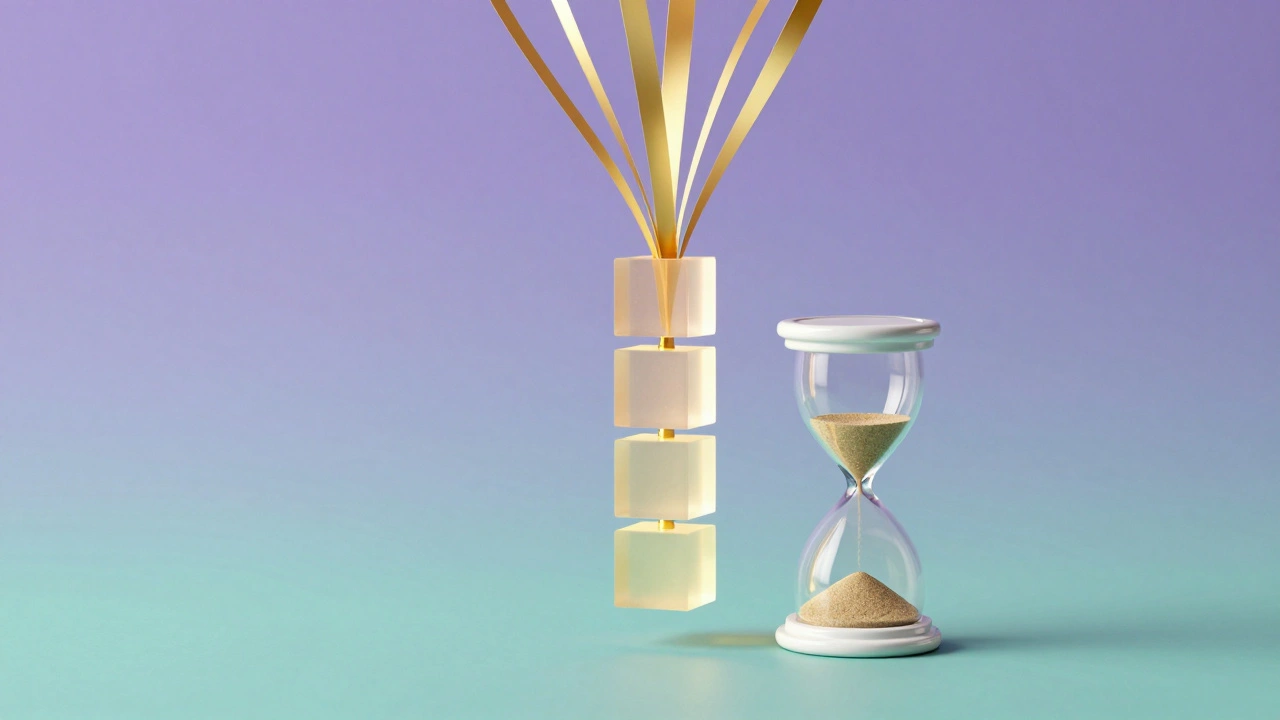 Golden ribbons forming cubes next to hourglass