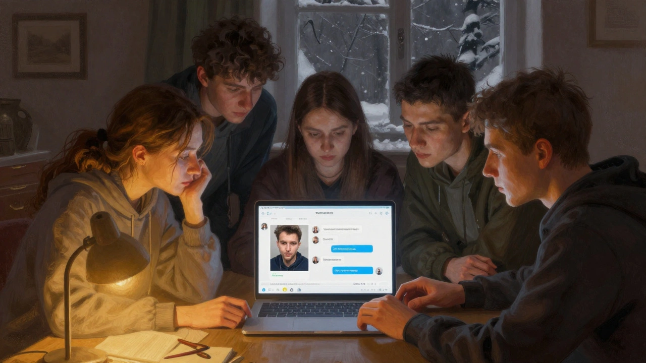 Group of people in a Russian apartment using Telegram's updated features: tagging members, editing media, and viewing time-zone-adjusted messages.