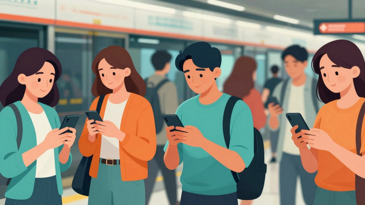 Group of young adults checking phones quickly in an urban street setting