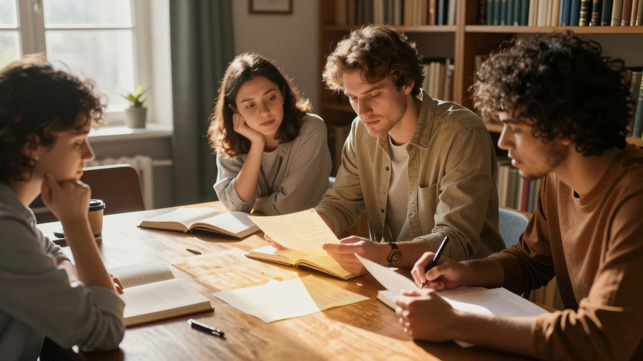 Group studying glowing documents in warm library room.