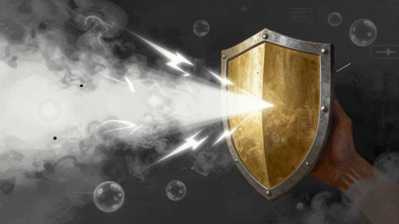 Hand holding golden shield blocking chaotic smoke and light