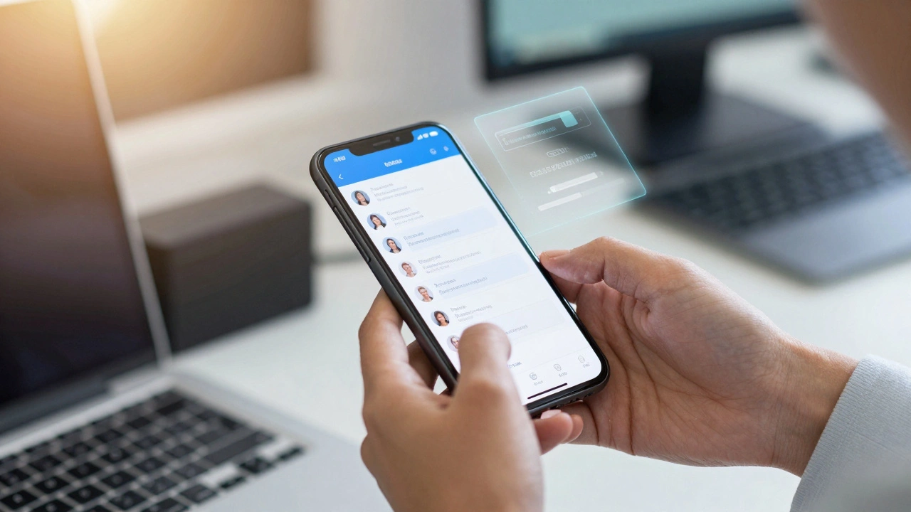 Hands holding smartphone with messaging app interface visible