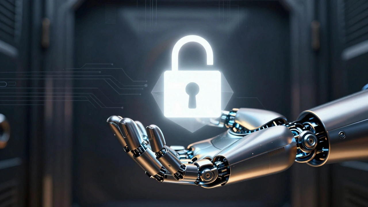 Human and robot hand holding glowing secure core