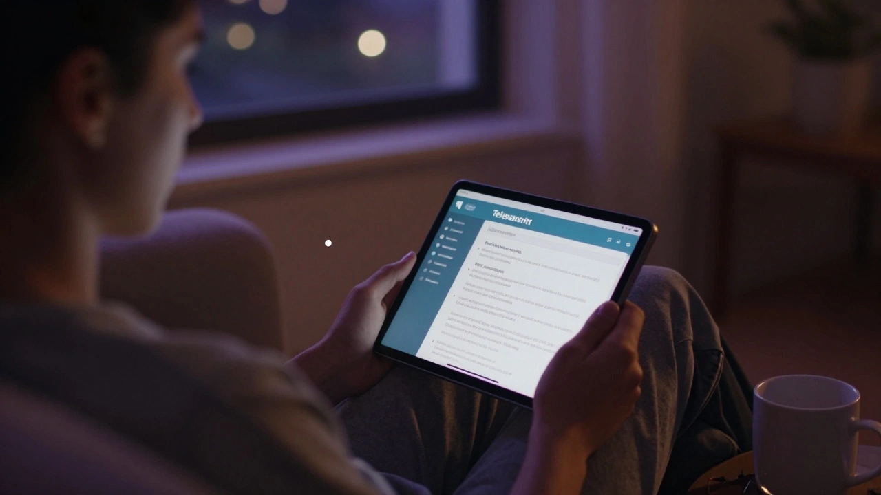 Individual reading a detailed Telegram guide in quiet evening, warm lamplight, calm atmosphere.