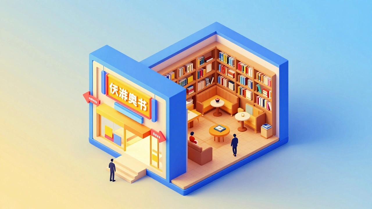 Isometric building showing public storefront leading to private reader lounge.