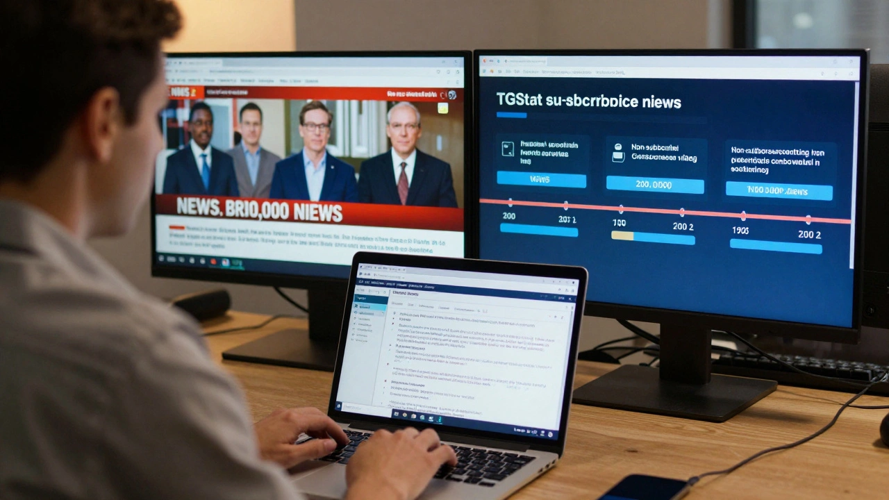 Journalist analyzing data as a news post spreads to non-subscribers across devices.