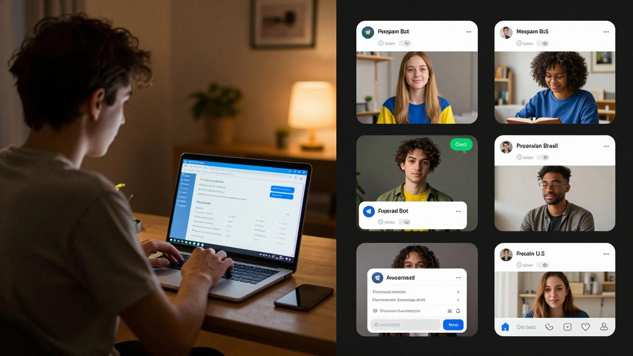 Journalist monitoring bot analytics while diverse users interact with news messages across the globe.