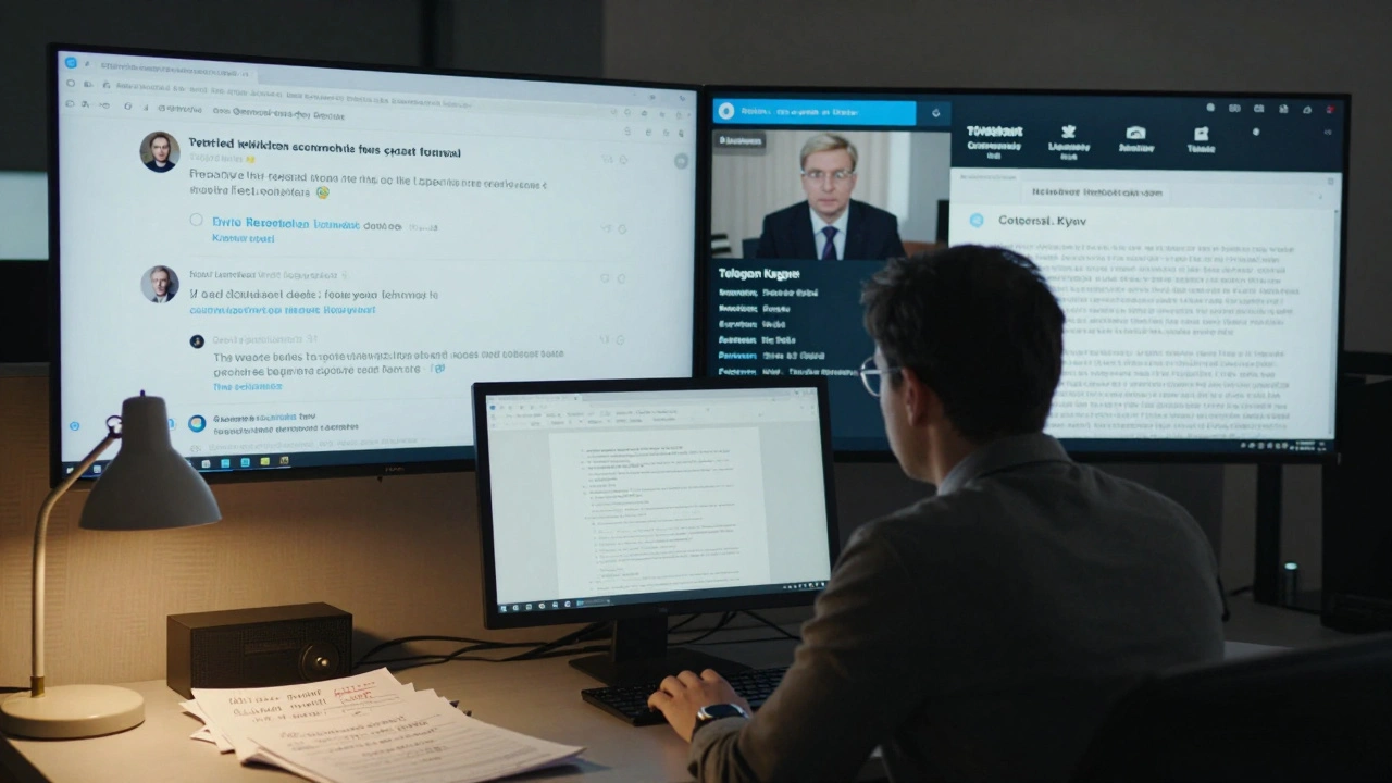Journalist monitoring dual screens of Twitter verification and Telegram broadcast in a newsroom.