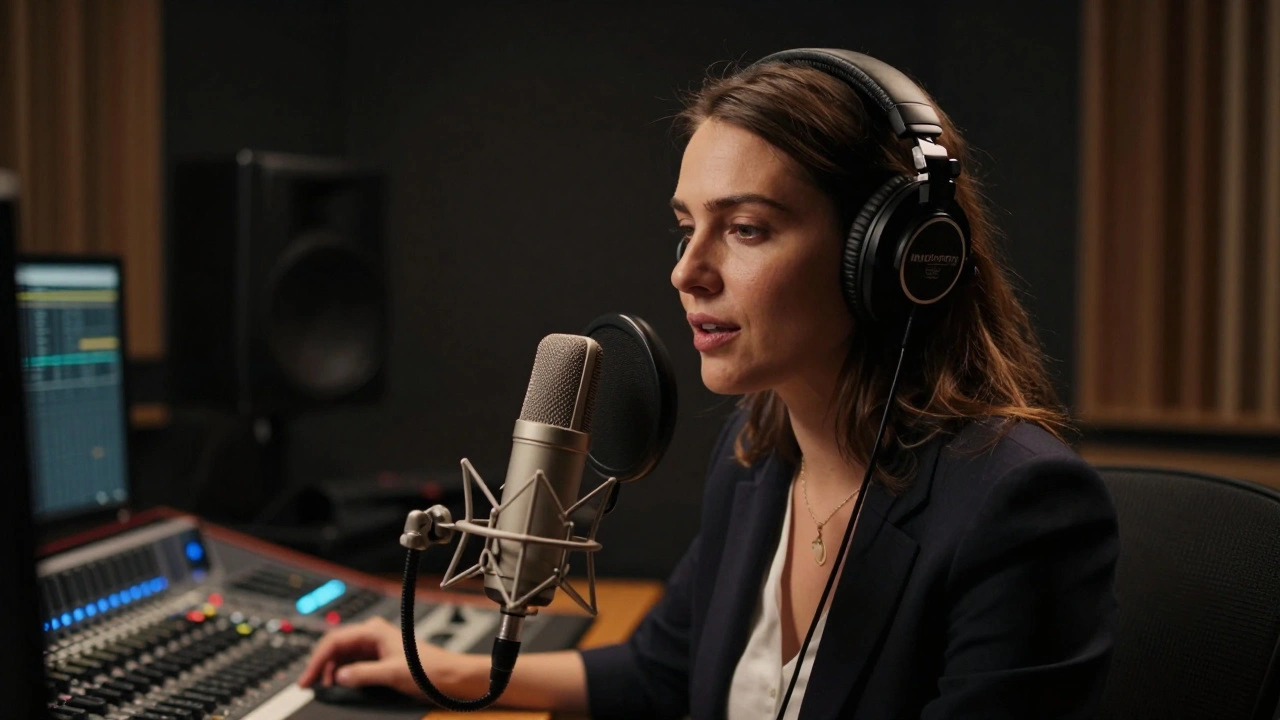 Journalist recording exclusive audio content into professional microphone