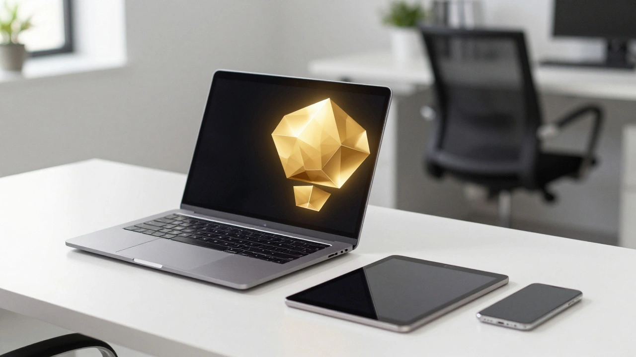 Journalist working across multiple devices with abstract trust symbols