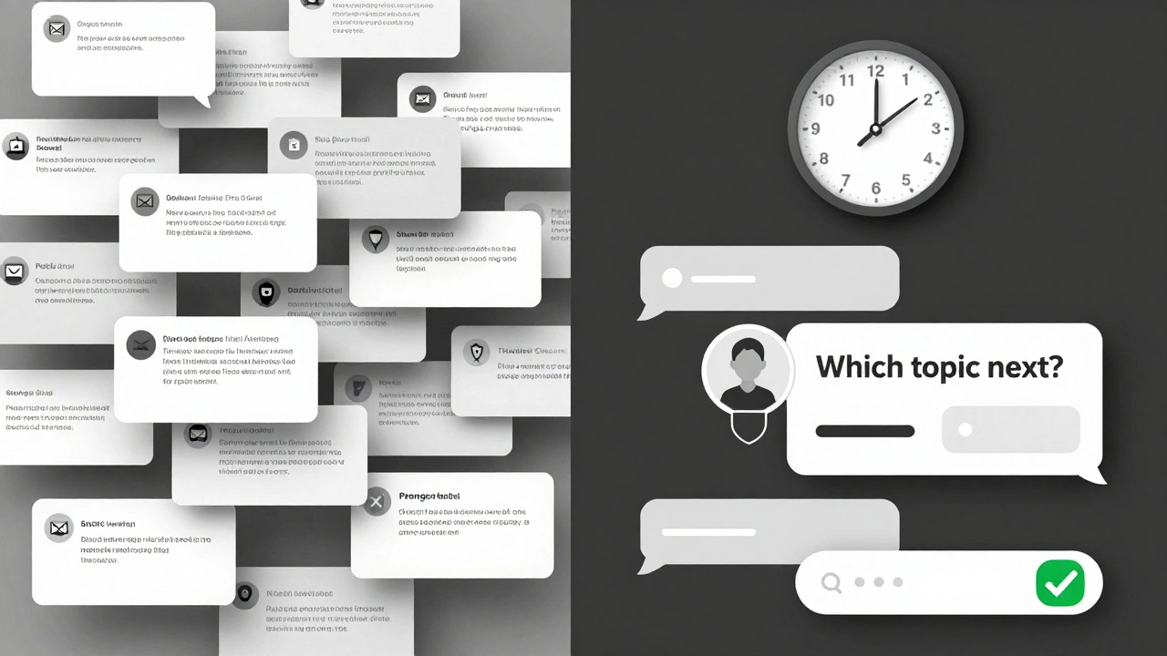 Left: chaotic spam messages. Right: calm, thoughtful engagement — a 48-hour restriction has transformed noise into meaningful conversation.