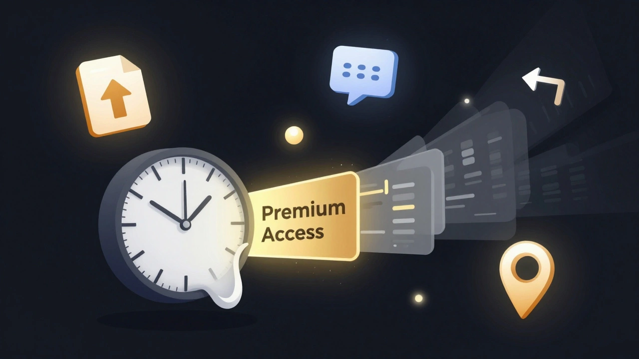 Melting clock with premium data icons floating in dark space, symbolizing time-based exclusivity.