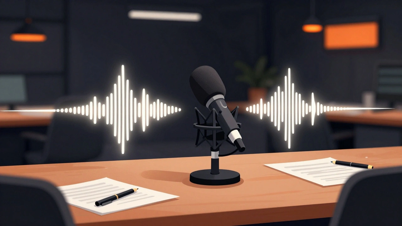 Microphone with glowing soundwaves on a newsroom desk.