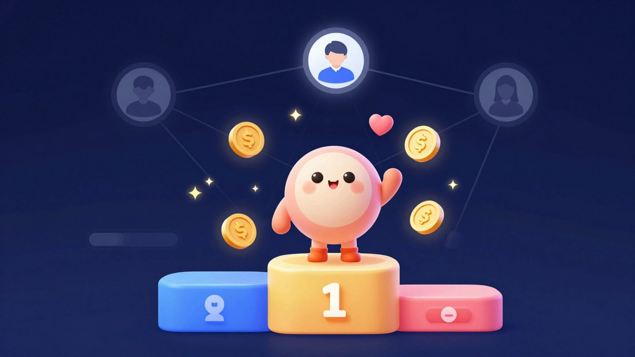 Mobile game mascot on podium with connection line background