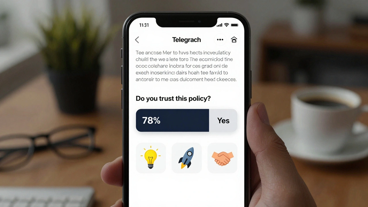 Mobile screen of a Telegram channel with a pinned report, active poll, and animated stickers, viewed in a home setting with coffee and glasses.
