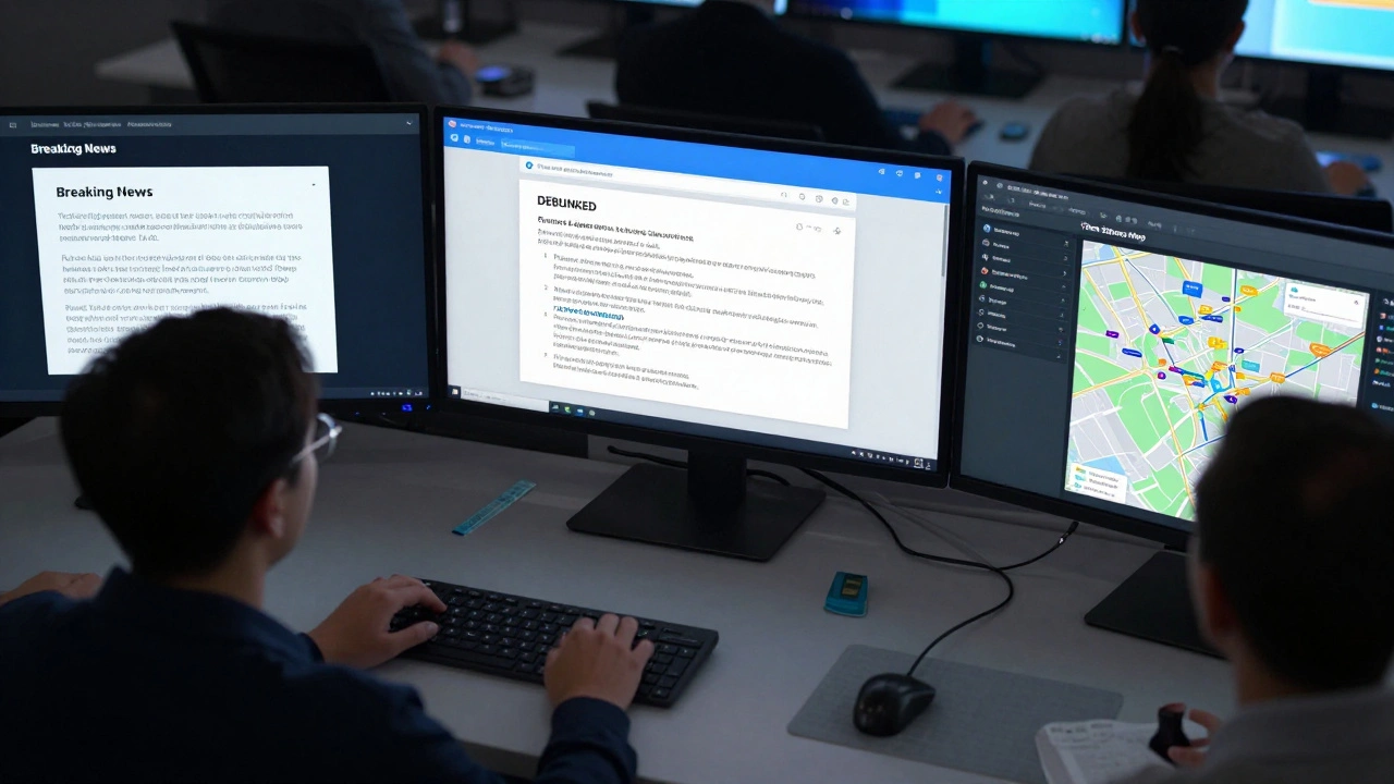 Moderators managing a news group using Telegram Topics on multiple screens, pinning facts and tagging rumors.