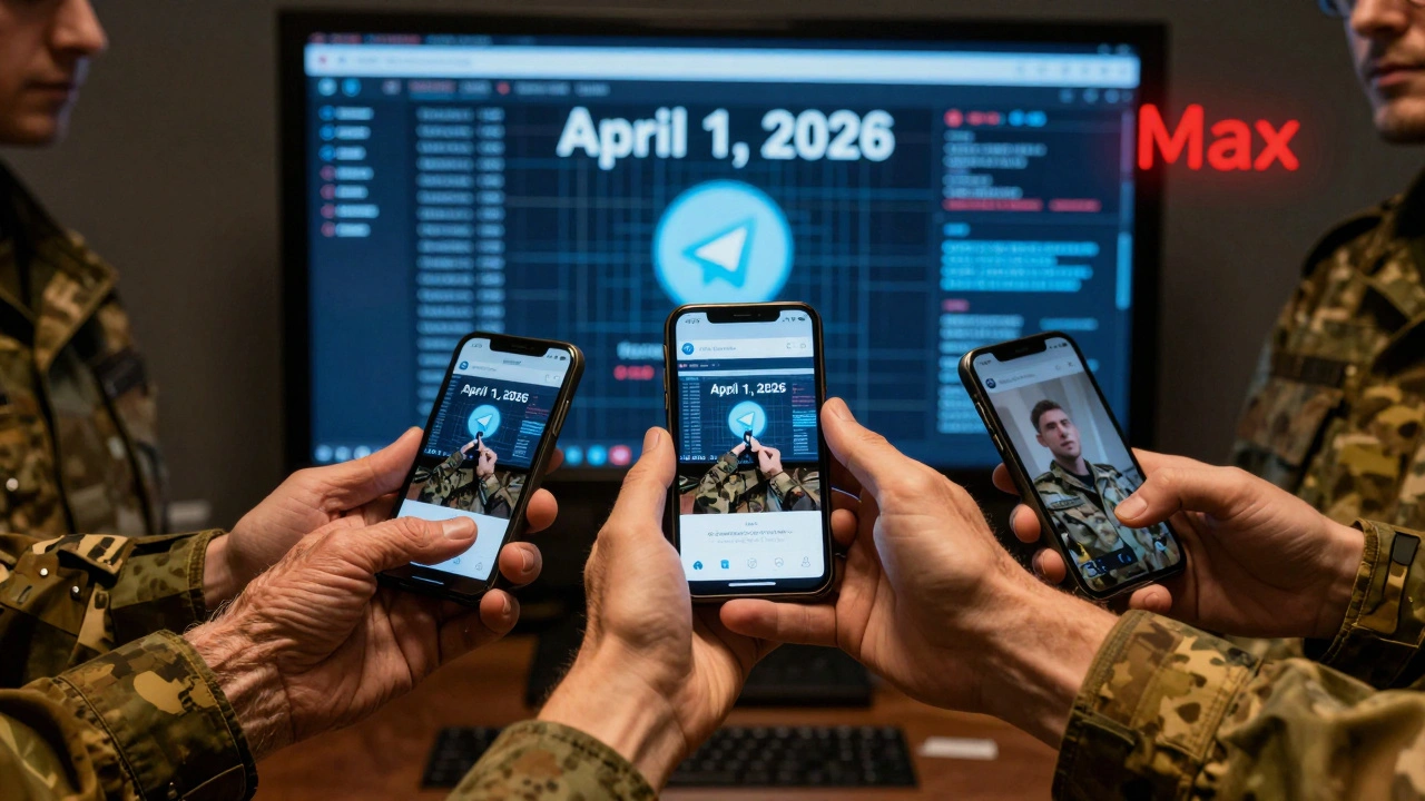 Multiple hands passing a smartphone to share Telegram messages, while a countdown to a full block and a glowing Max icon loom behind them.